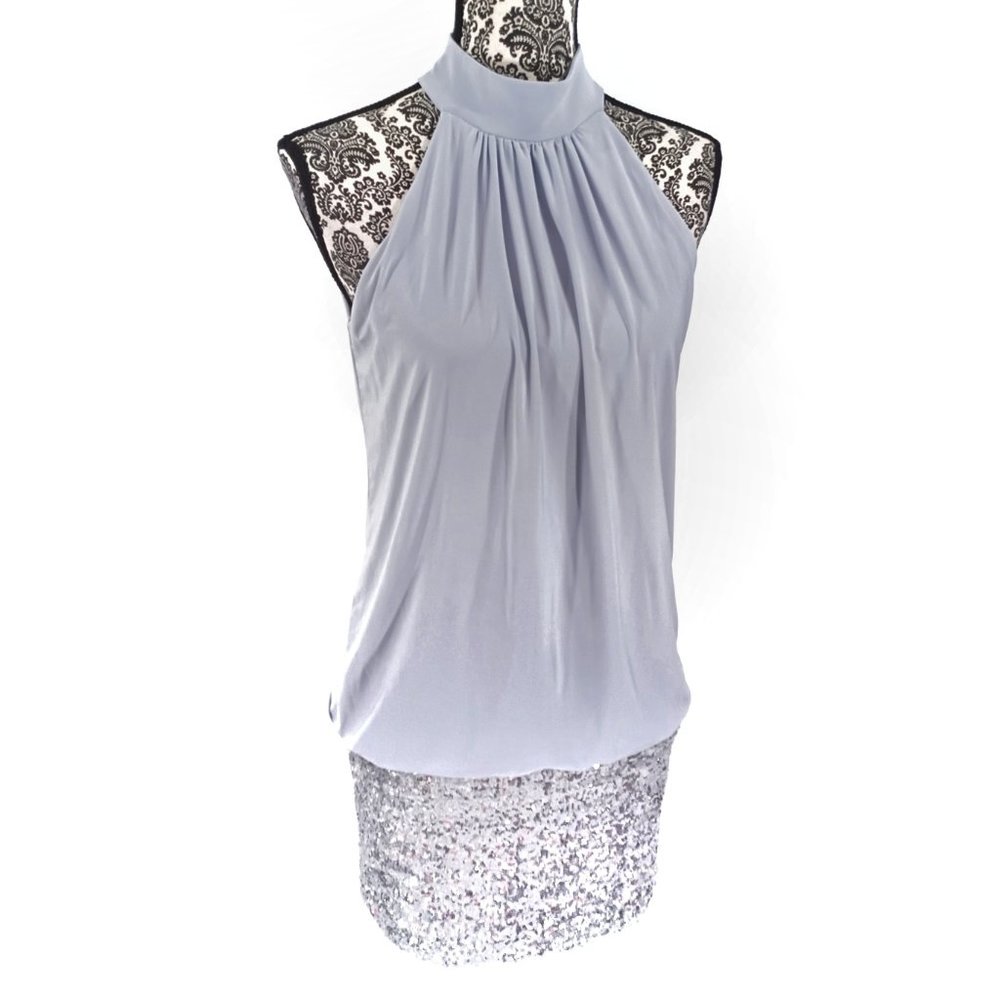 FREDERICKS Dress Halter Neck Drop Waist Silver Sequin Skirt Bottom Party Club M - Picture 4 of 5